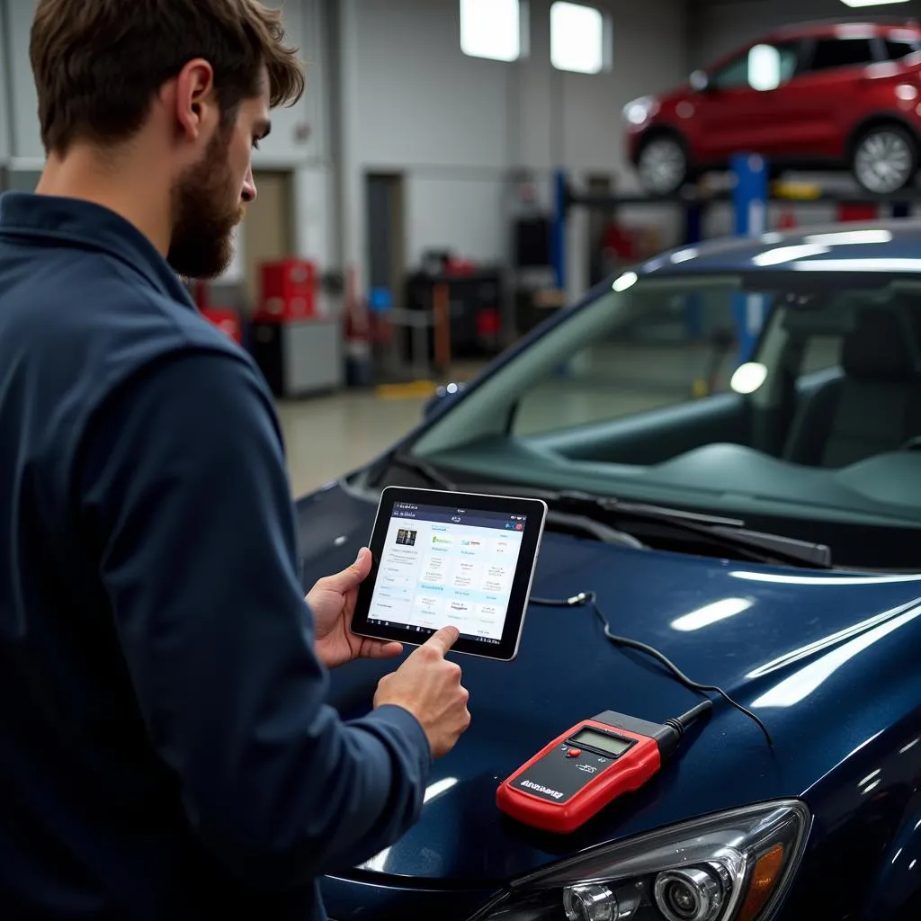 Mechanic using OBDLink MX and tablet to diagnose car problem