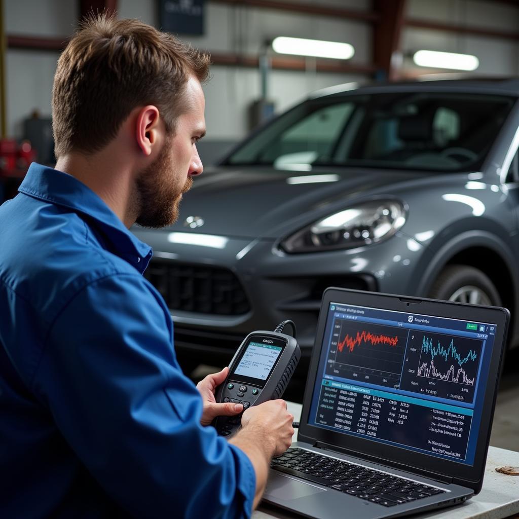 Mechanic analyzing vehicle data on a laptop using a PC scan tool