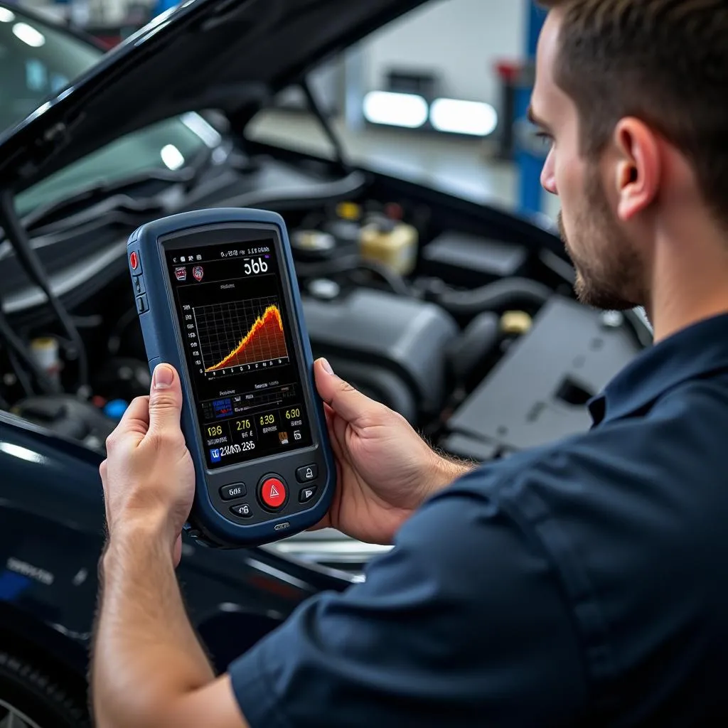 Mechanic using professional computer scan tool