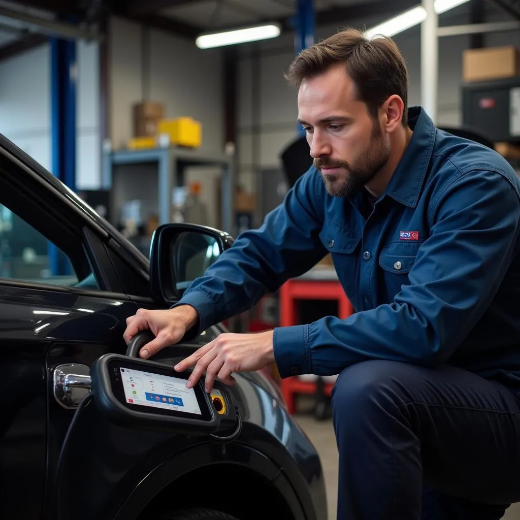 Mechanic using a professional diagnostic tool on a car