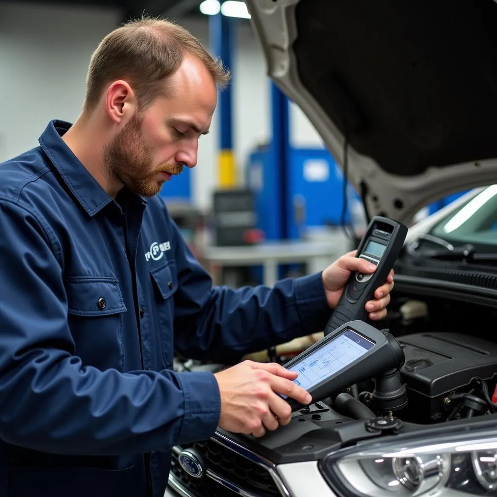 Mechanic Using Professional Ford OBD2 Scanner