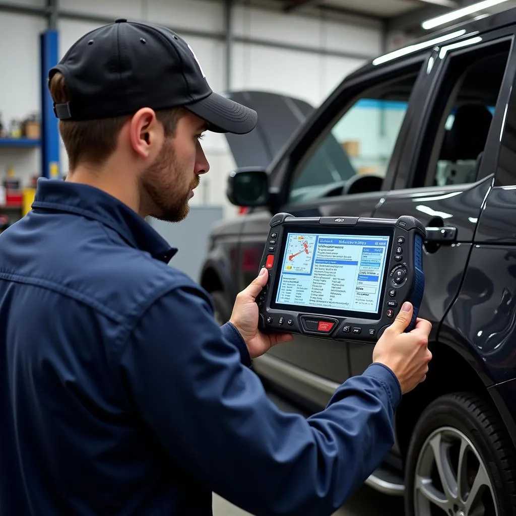 Mechanic Using Professional-Grade Scan Tool on a Car