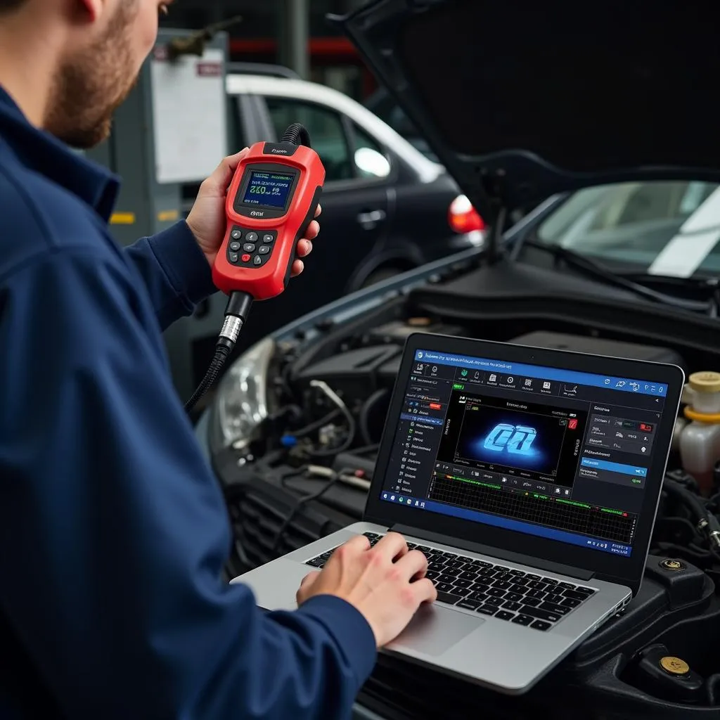 Mechanic Using Professional-Grade Scanner