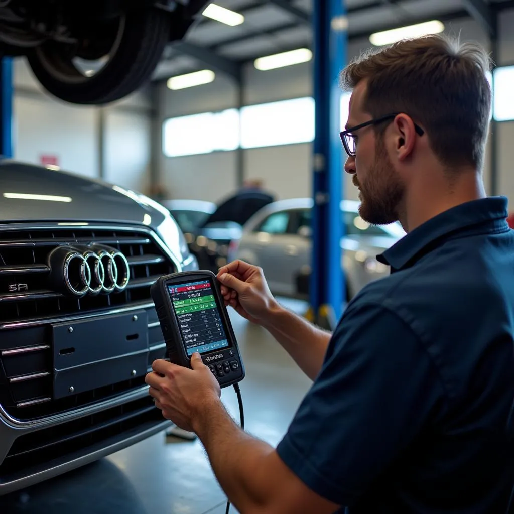 Mechanic connecting a professional-grade OBD2 scanner to an Audi in a repair shop