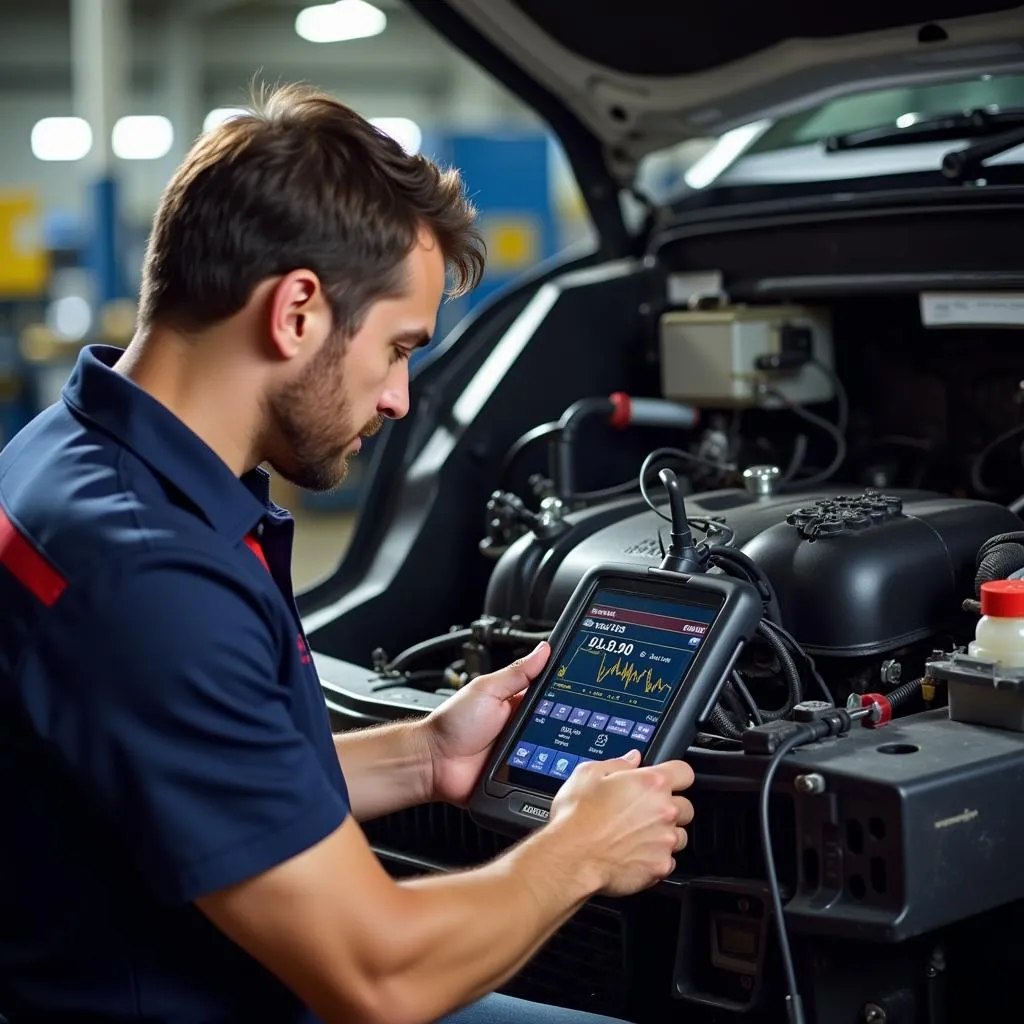 Mechanic Using Professional-Grade Scan Tool on a Toyota Hilux