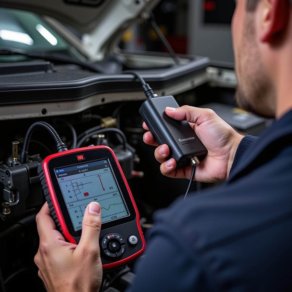 Mechanic using a professional scan tool on a 4x4 truck