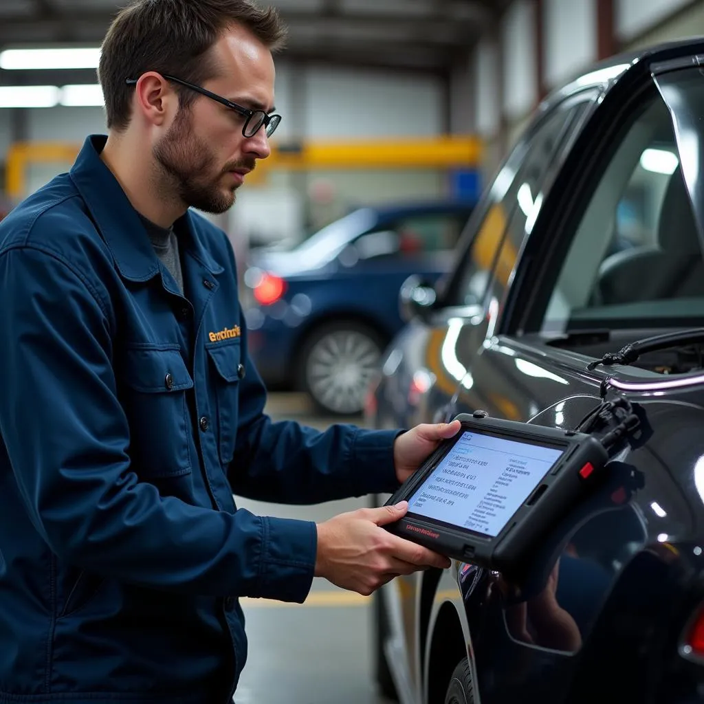 Mechanic Utilizing a Professional-Grade Car Scanner