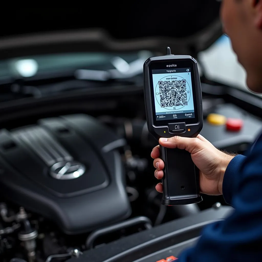 Mechanic using a QR code scanner on a car engine