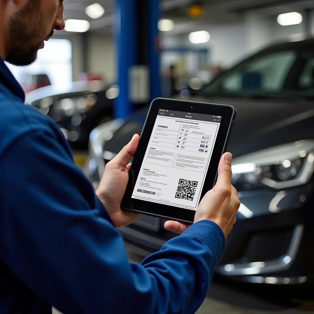 Mechanic using QR code viewer to access car repair manual