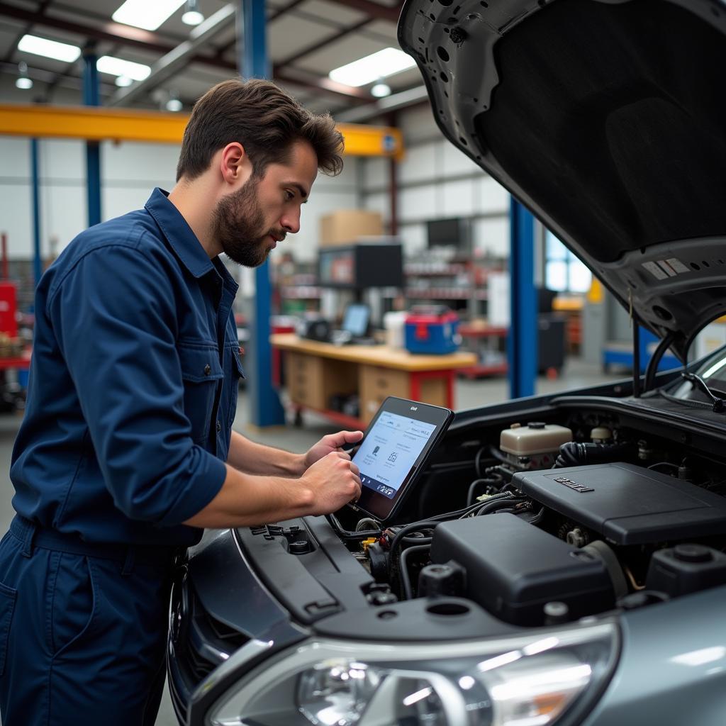 A mechanic uses a Readylink scan tool to diagnose a car in a repair shop