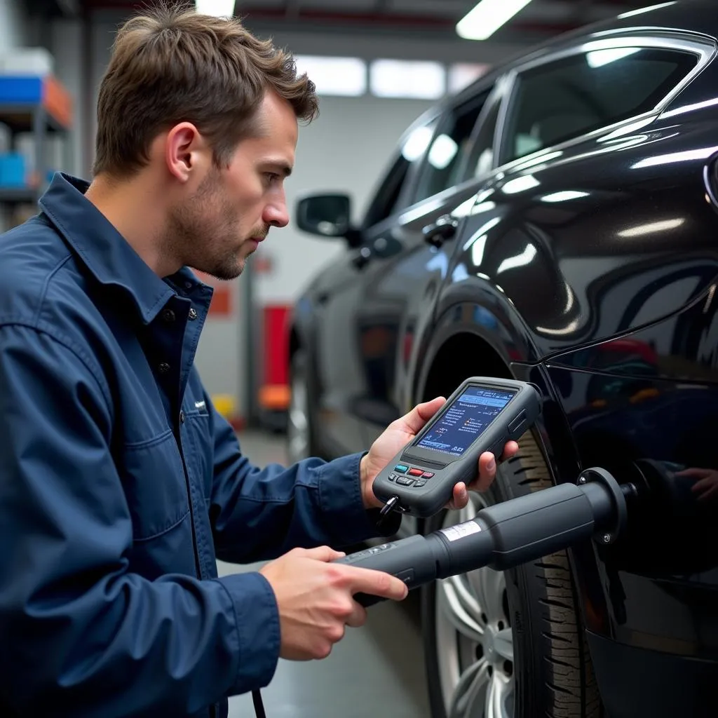 Mechanic using a professional-grade scan tool on a car