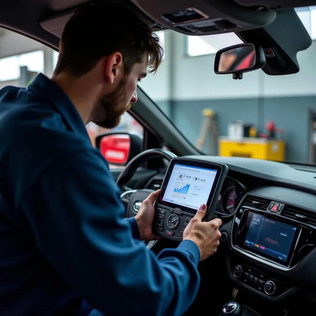 Mechanic Using Diagnostic Scan Tool on a Car