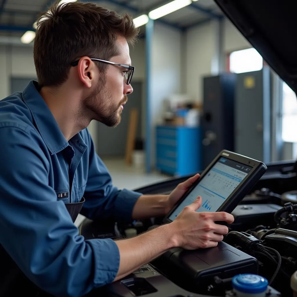 Mechanic using a scan tool to diagnose an engine problem