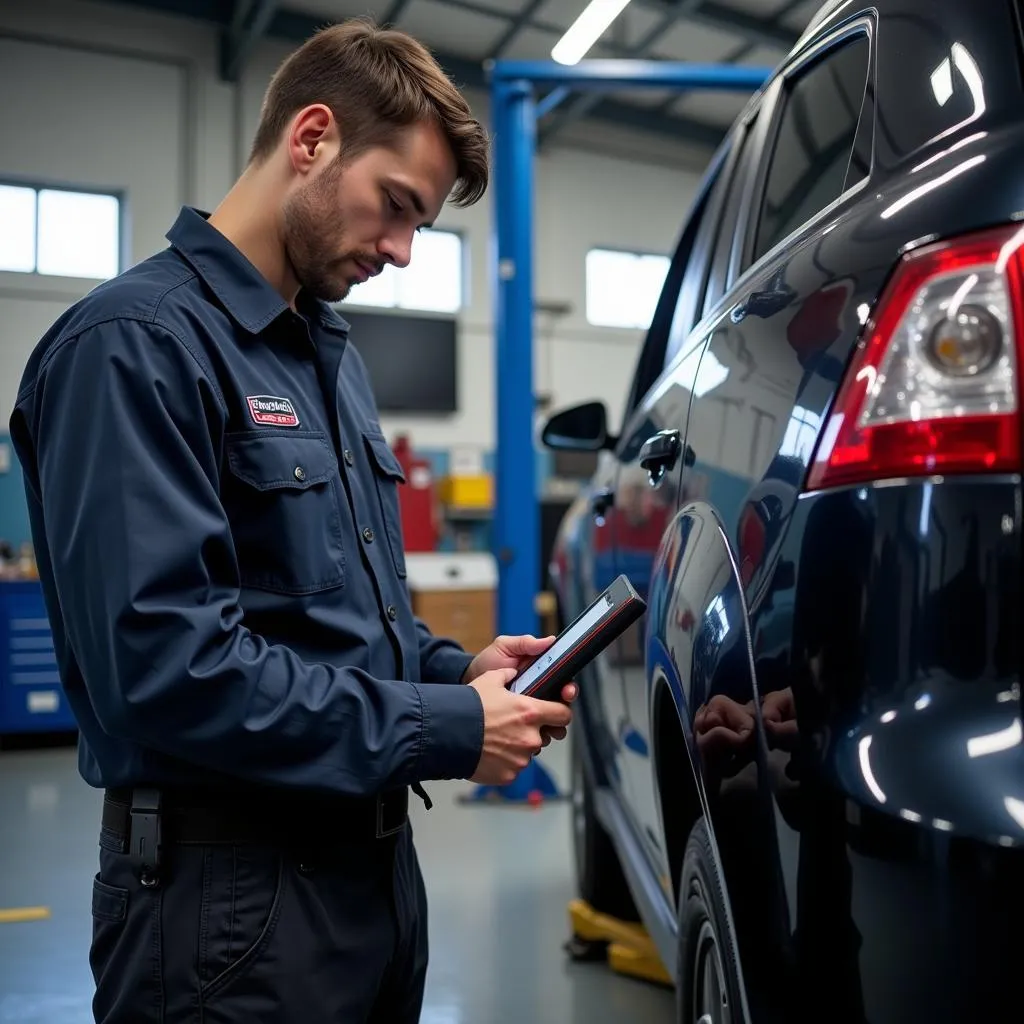 Mechanic Using Scan Tool in Garage