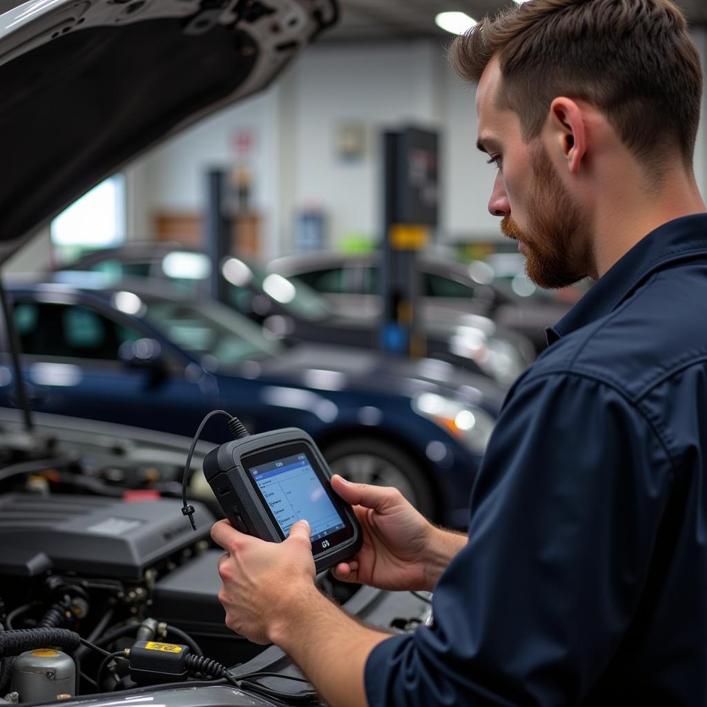 Mechanic Using a Scan Tool in a Workshop