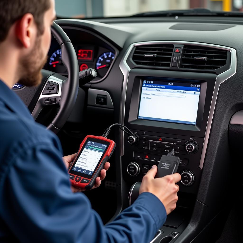 Mechanic Diagnosing a 2016 Ford Explorer Using a Scan Tool