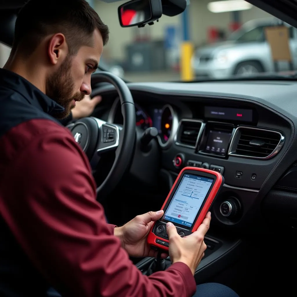 Mechanic Using Scan Tool on Camaro