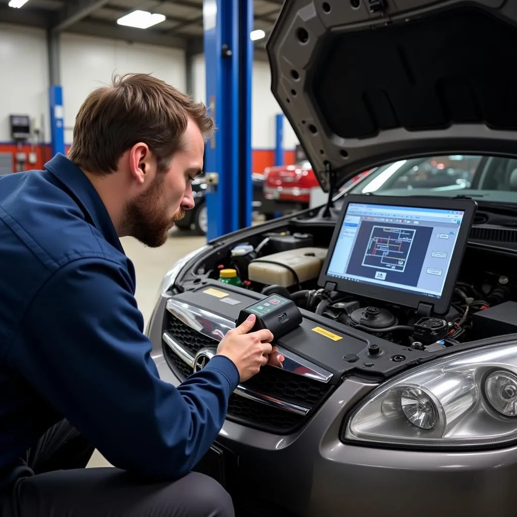 Mechanic Using Scan Tool on Car