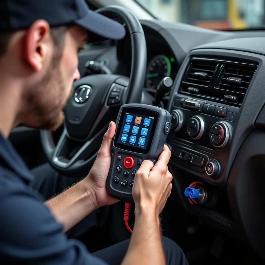 Mechanic using a scan tool on a car in a workshop