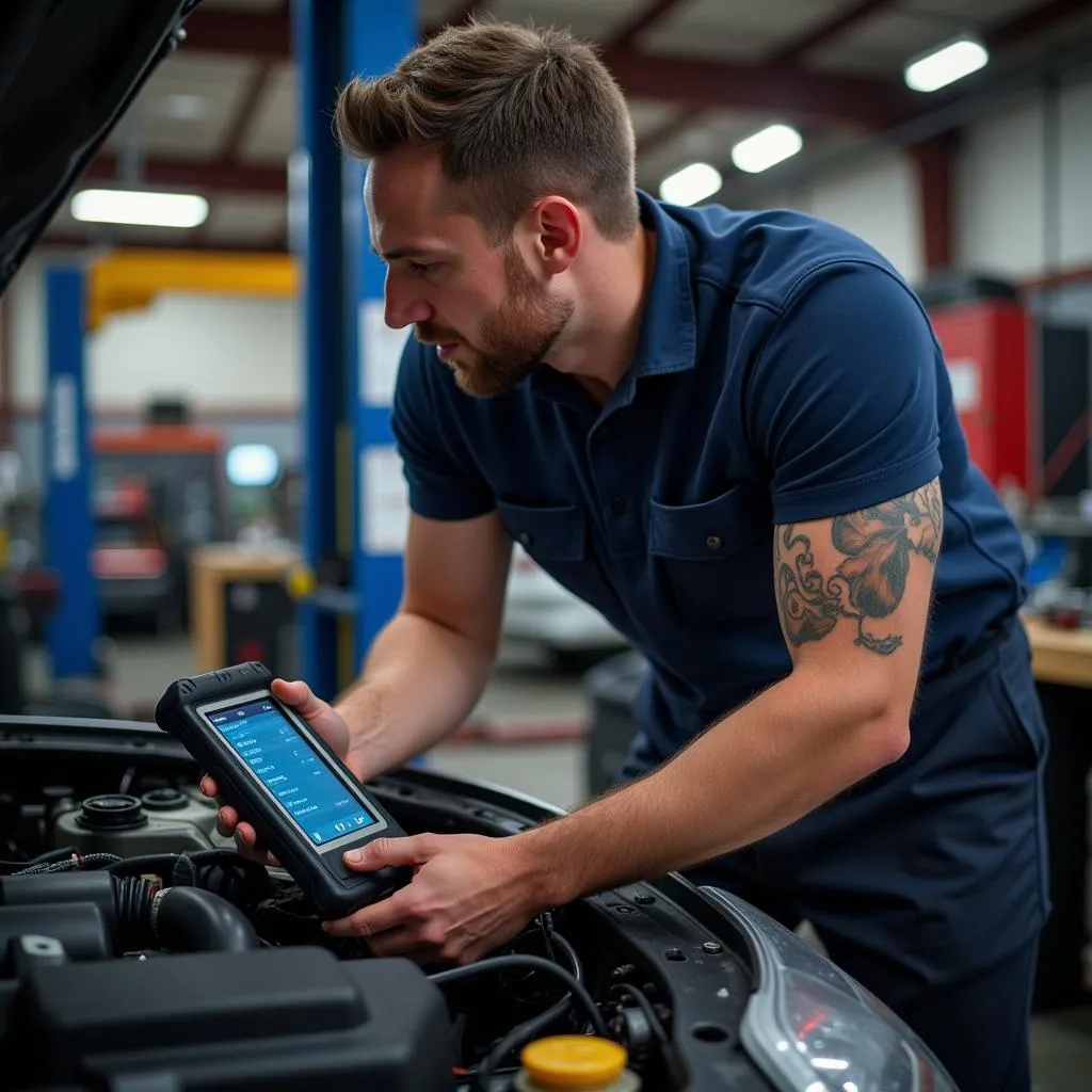 Mechanic using a scan tool on a vehicle