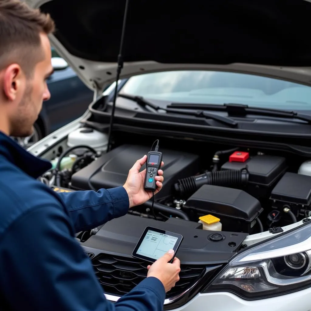 Mechanic Using Scan Tool on a Car