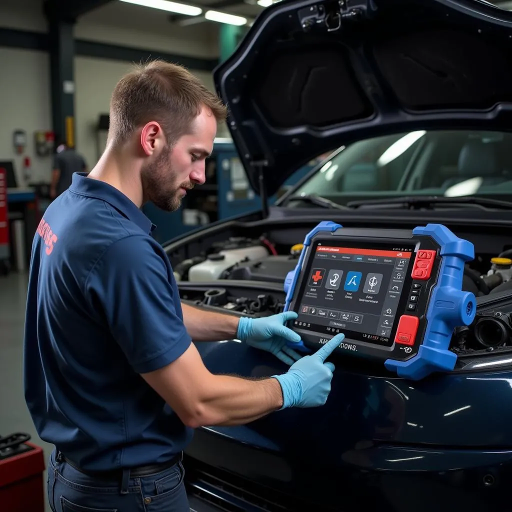 Mechanic Using Scan Tool on Car