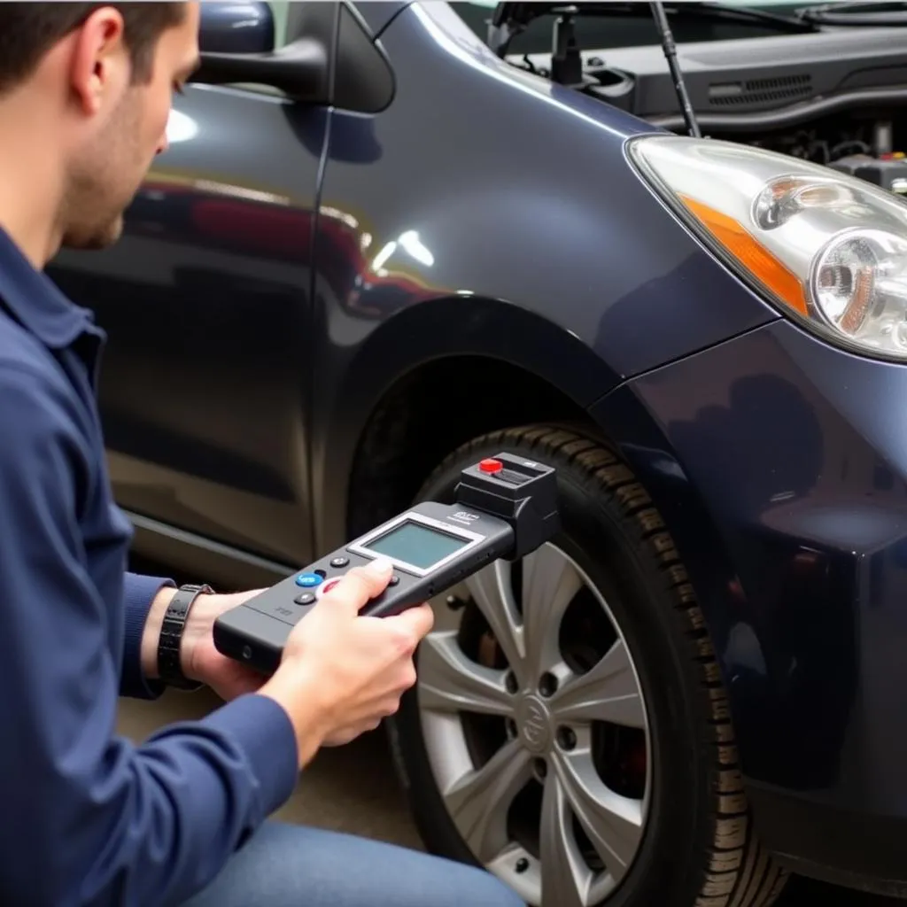 Mechanic using a scan tool on a car