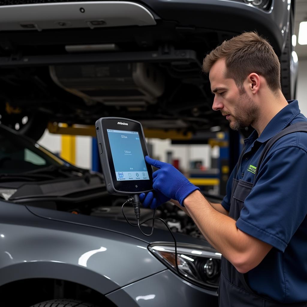 Mechanic using a scan tool on a car in a garage