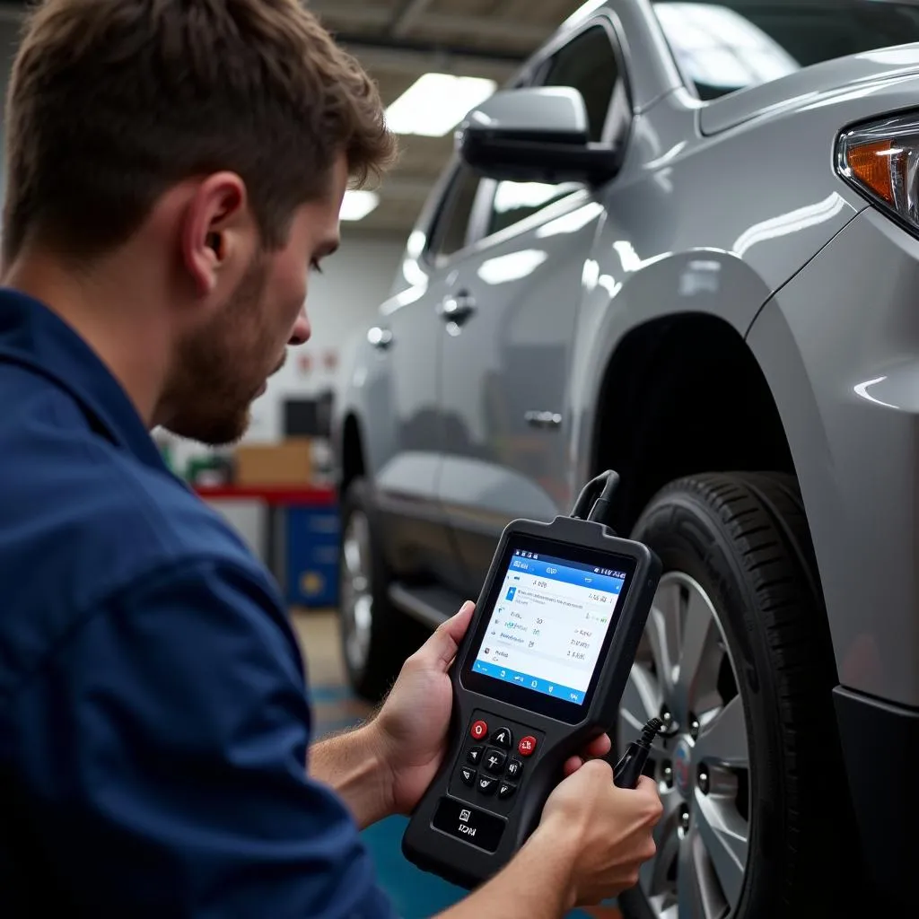 Mechanic using a scan tool to diagnose a GM car