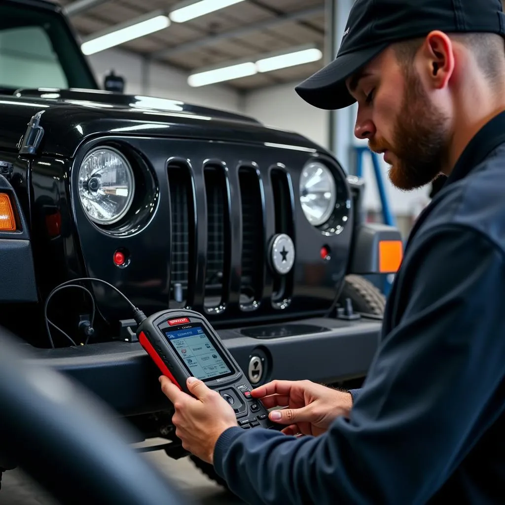 Mechanic Using Scan Tool on Jeep