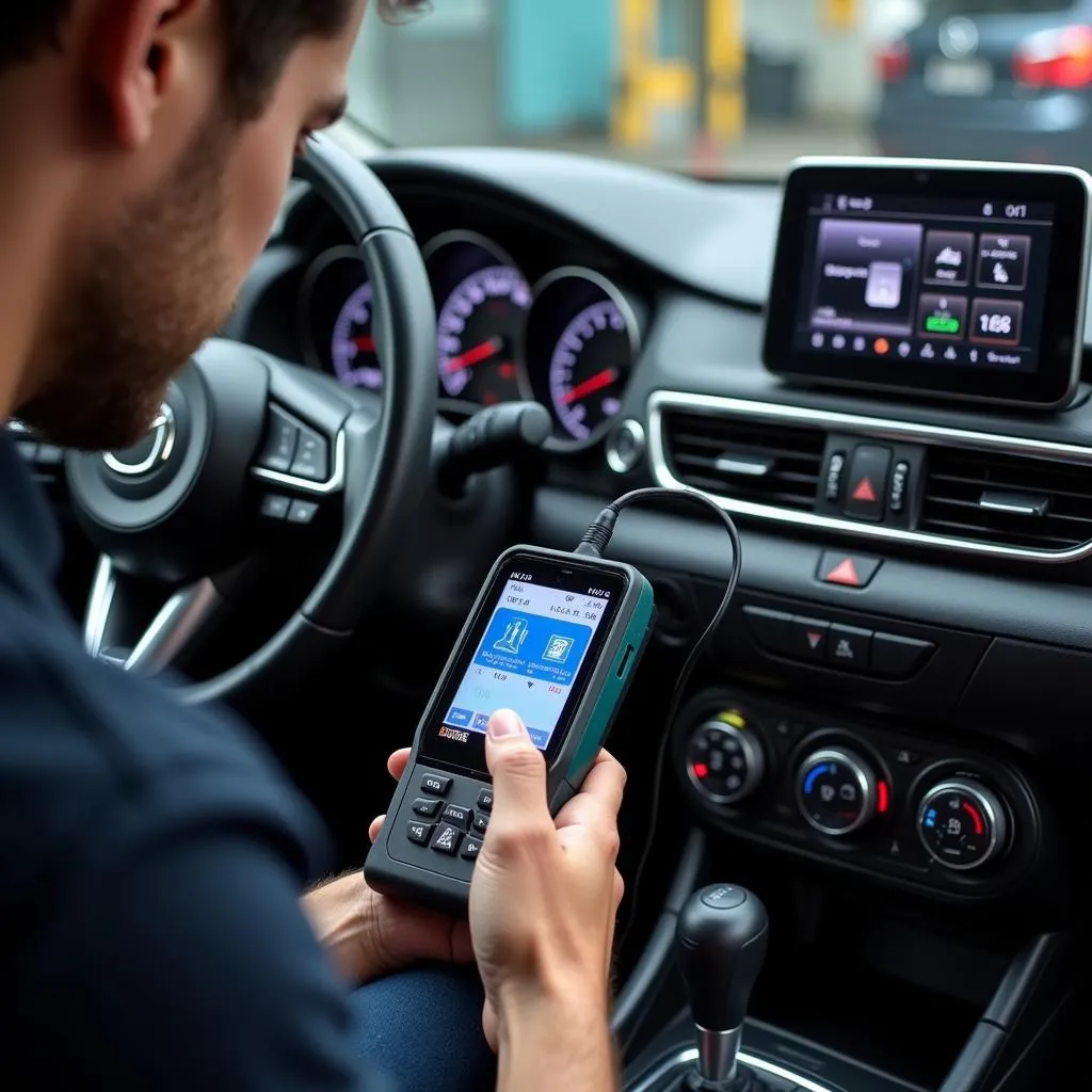 Mechanic Diagnosing a Mazda 3 with a Scan Tool