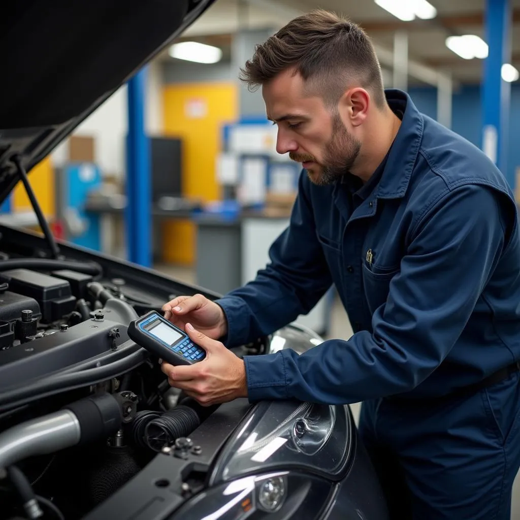 Mechanic using a scan tool on a vehicle in a repair shop.