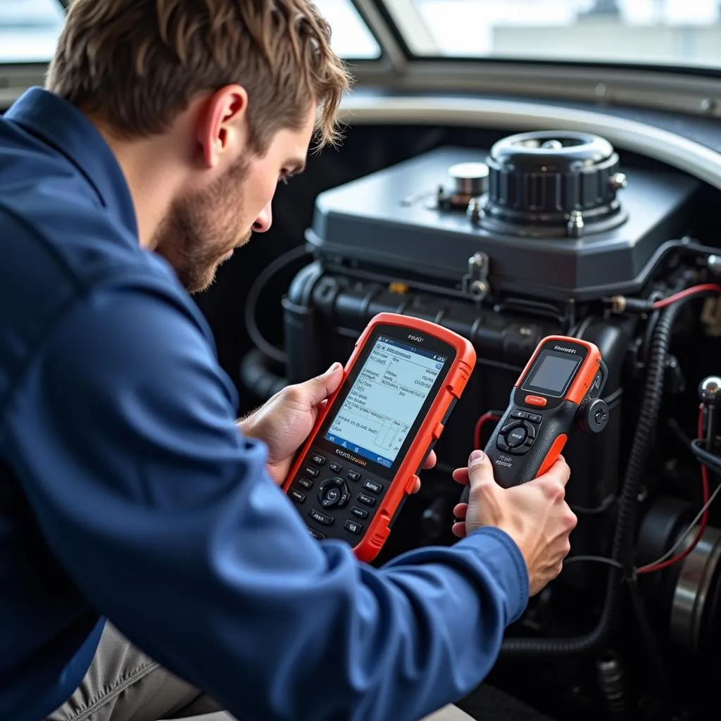 Mechanic using a scan tool on a Volvo Penta 5.0 marine engine