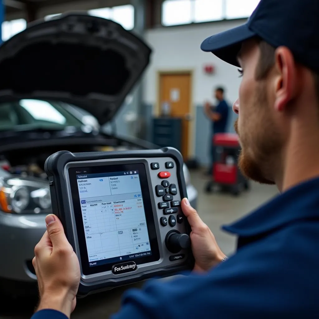 Mechanic Diagnosing Car Problem with Scan Tool