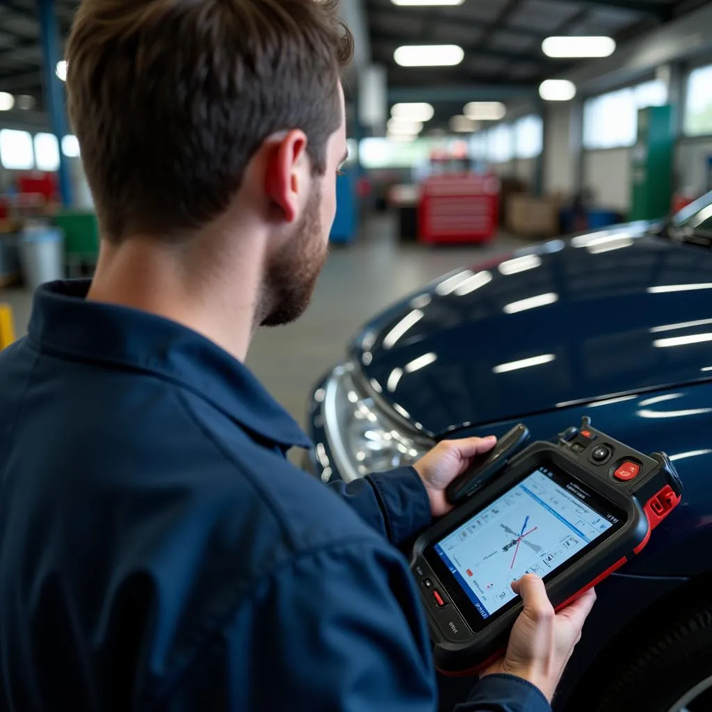 Mechanic Using a Scan Tool to Diagnose Car Issue in a Workshop