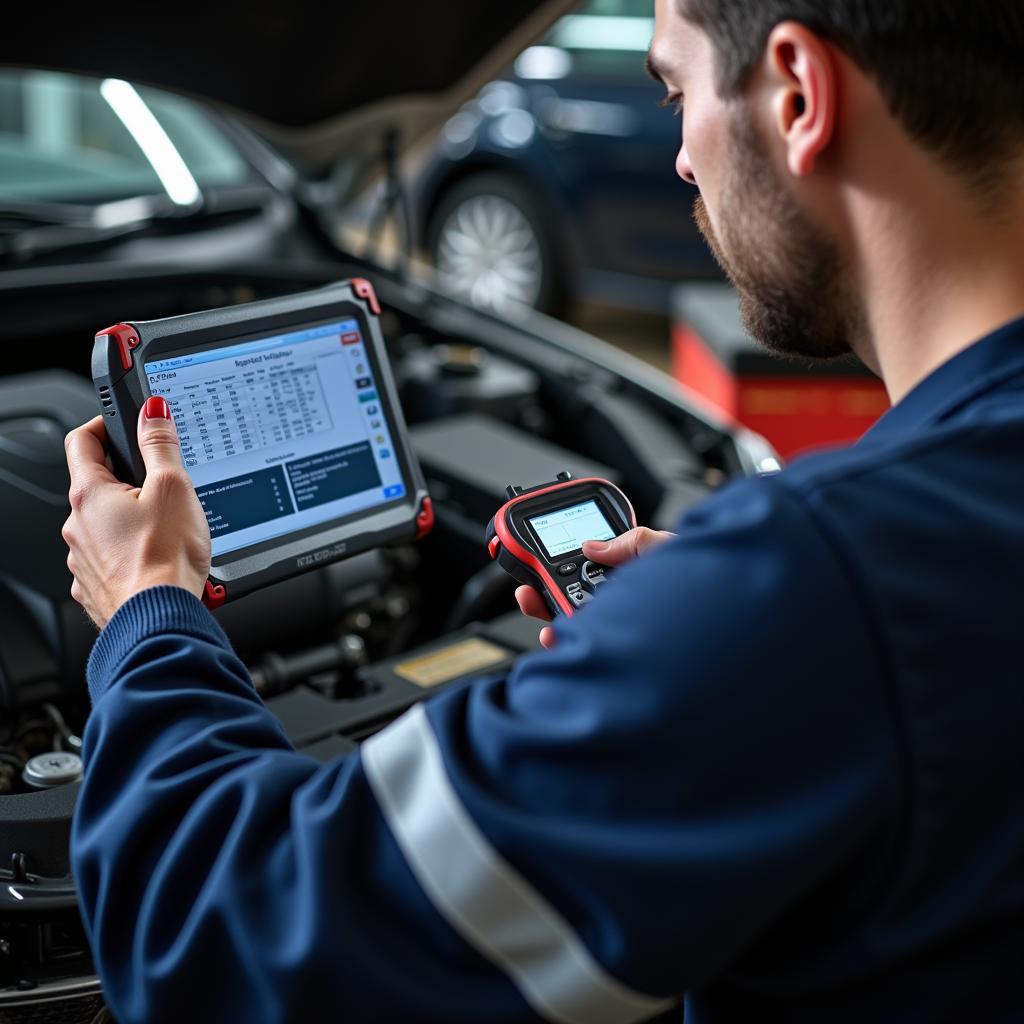 Mechanic Using Scan Tool to Diagnose Car Problem