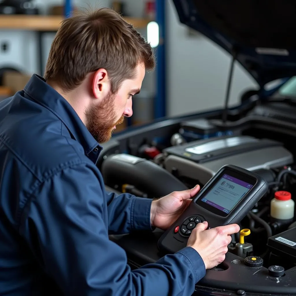 Mechanic Using Scan Tool to Diagnose Engine Problem