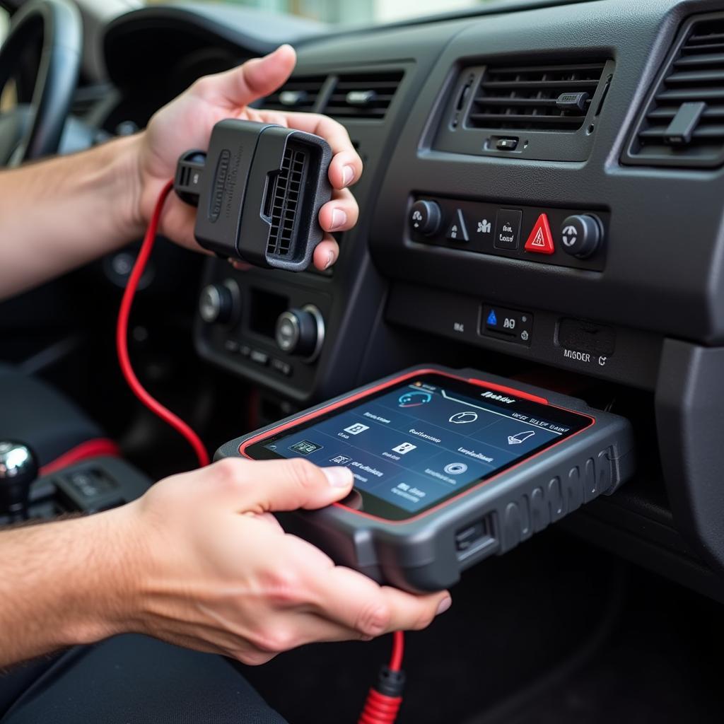 Mechanic reprogramming a car's PCM using a scan tool