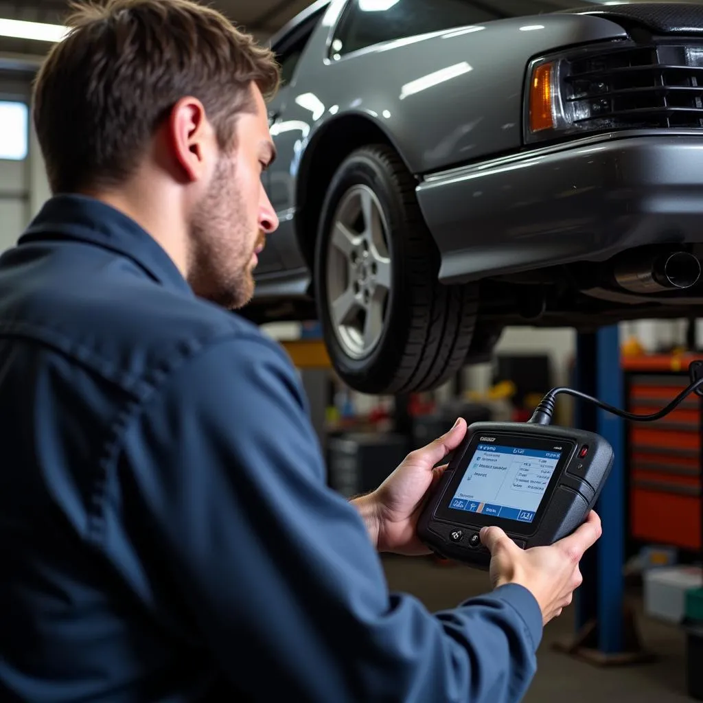 A mechanic using an auto scanner to diagnose a car problem.