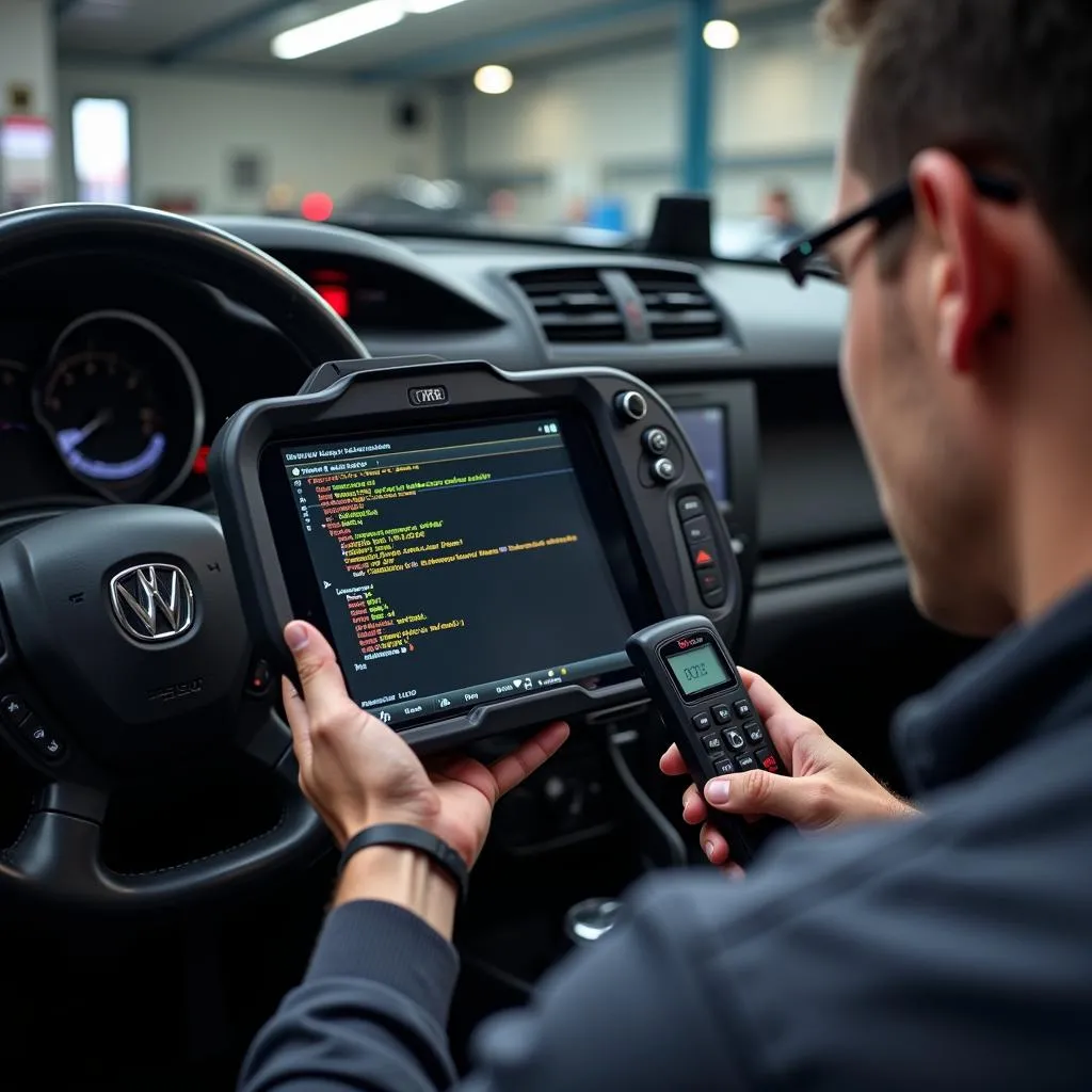 Mechanic Diagnosing Car with a Scanner