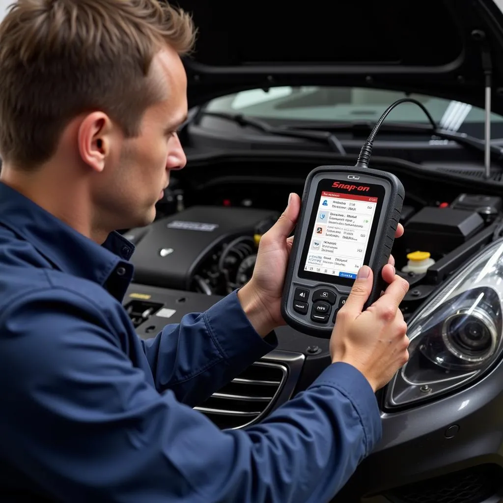 Mechanic using a Snap-on scan tool to diagnose a car