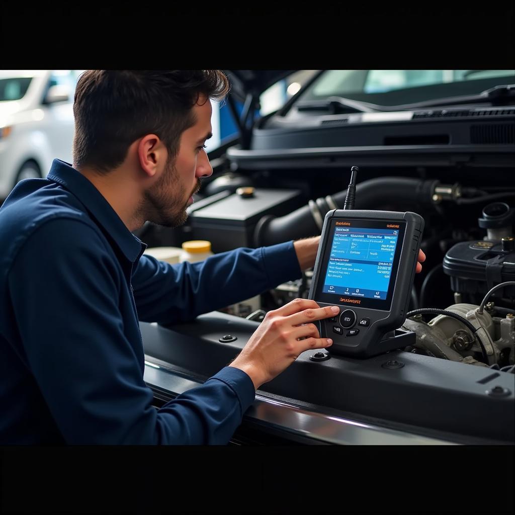 A mechanic using a T444E scan tool to troubleshoot engine issues in a workshop, demonstrating the tool's practical application in a professional setting.