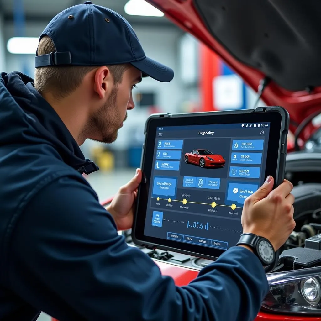 Mechanic Using Tablet for Car Diagnostics