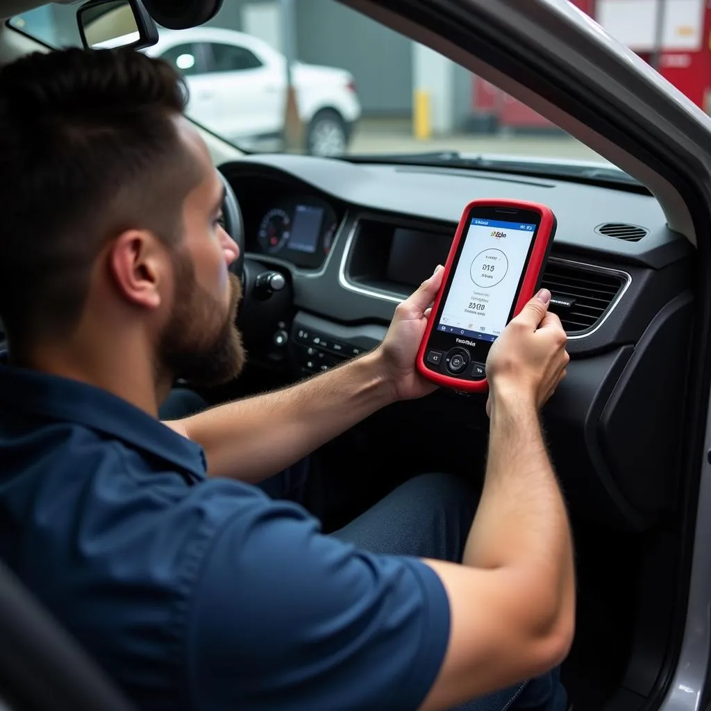 Mechanic using a TechMate Pro Scan Tool to diagnose a car issue