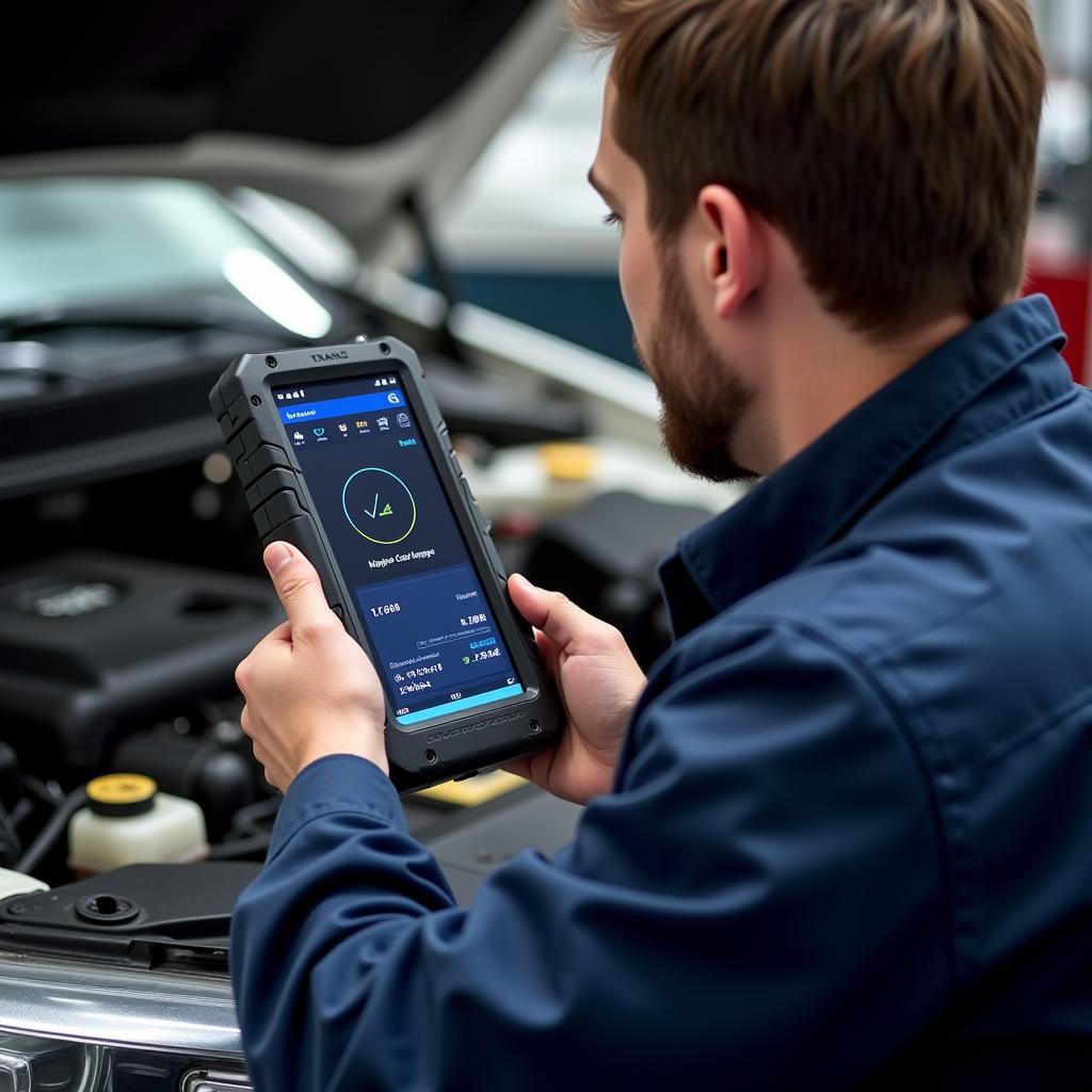 Mechanic Using Think Car Scan Tool in Workshop