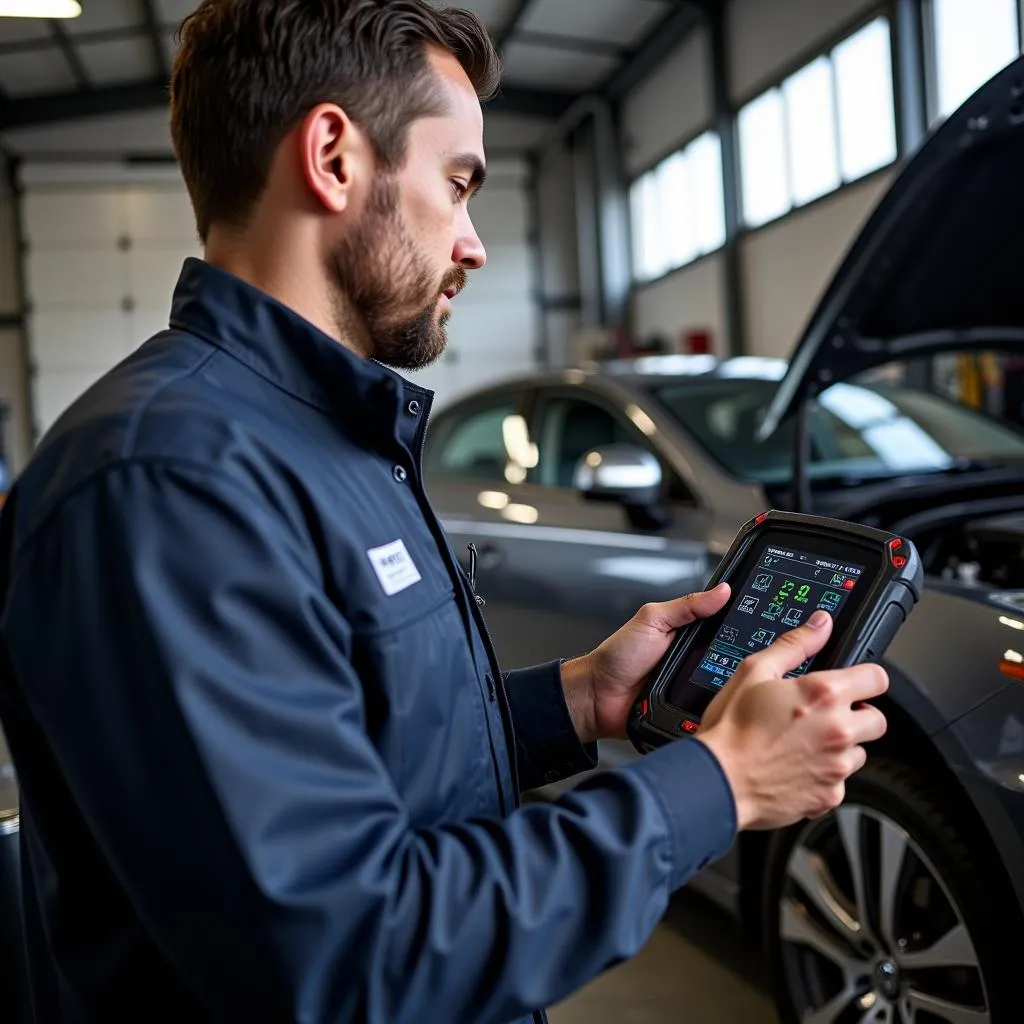 Mechanic Using Top-Don Scanner in Garage