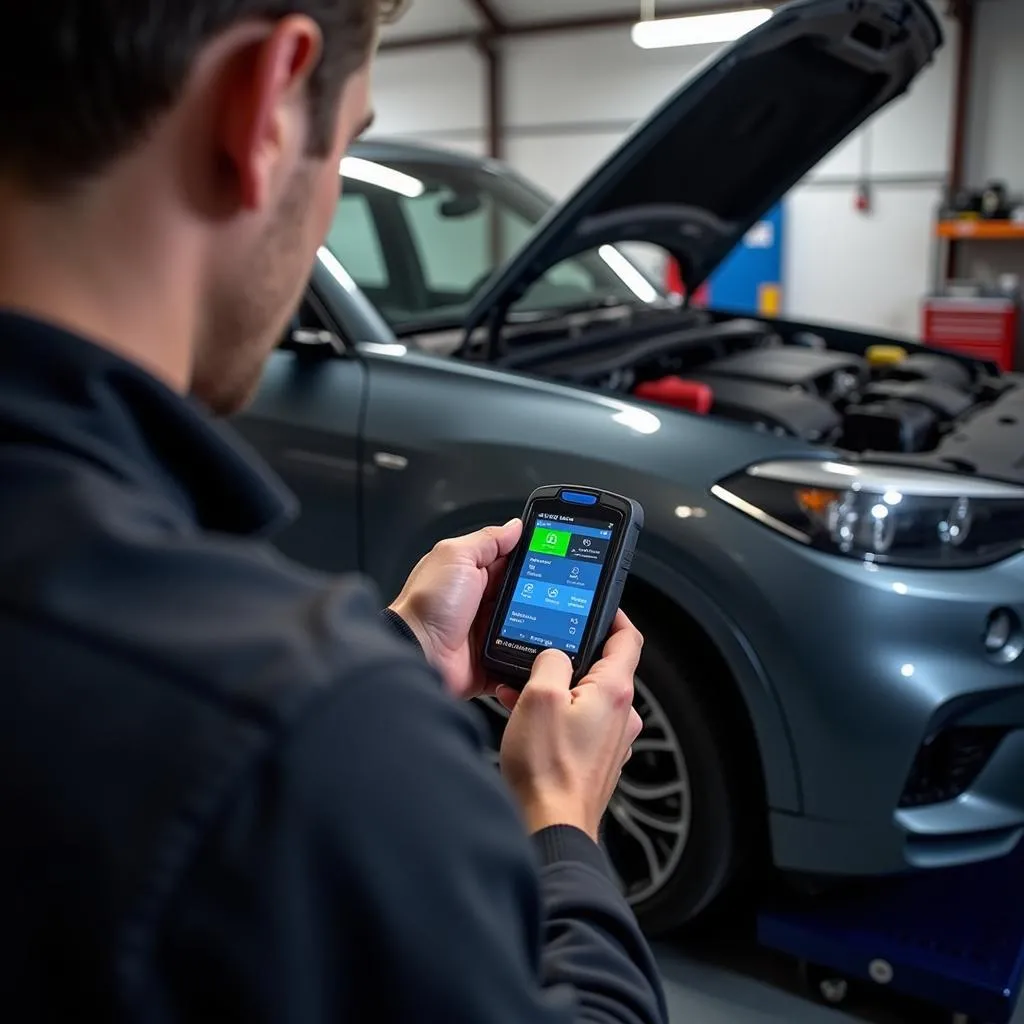 Mechanic using updated Autel MaxiSys Mini in a garage