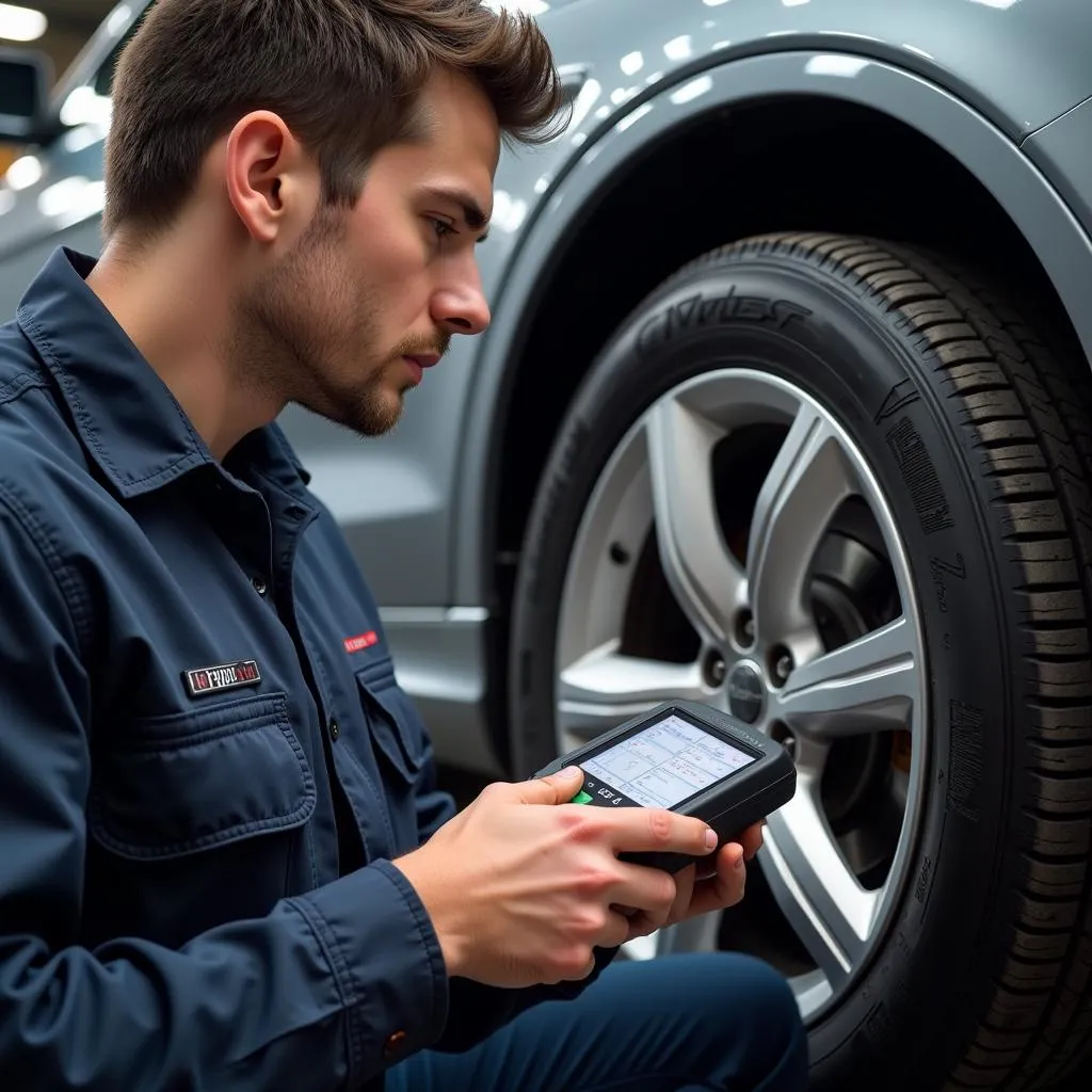 Mechanic using a VCDS scan tool to diagnose an Audi vehicle