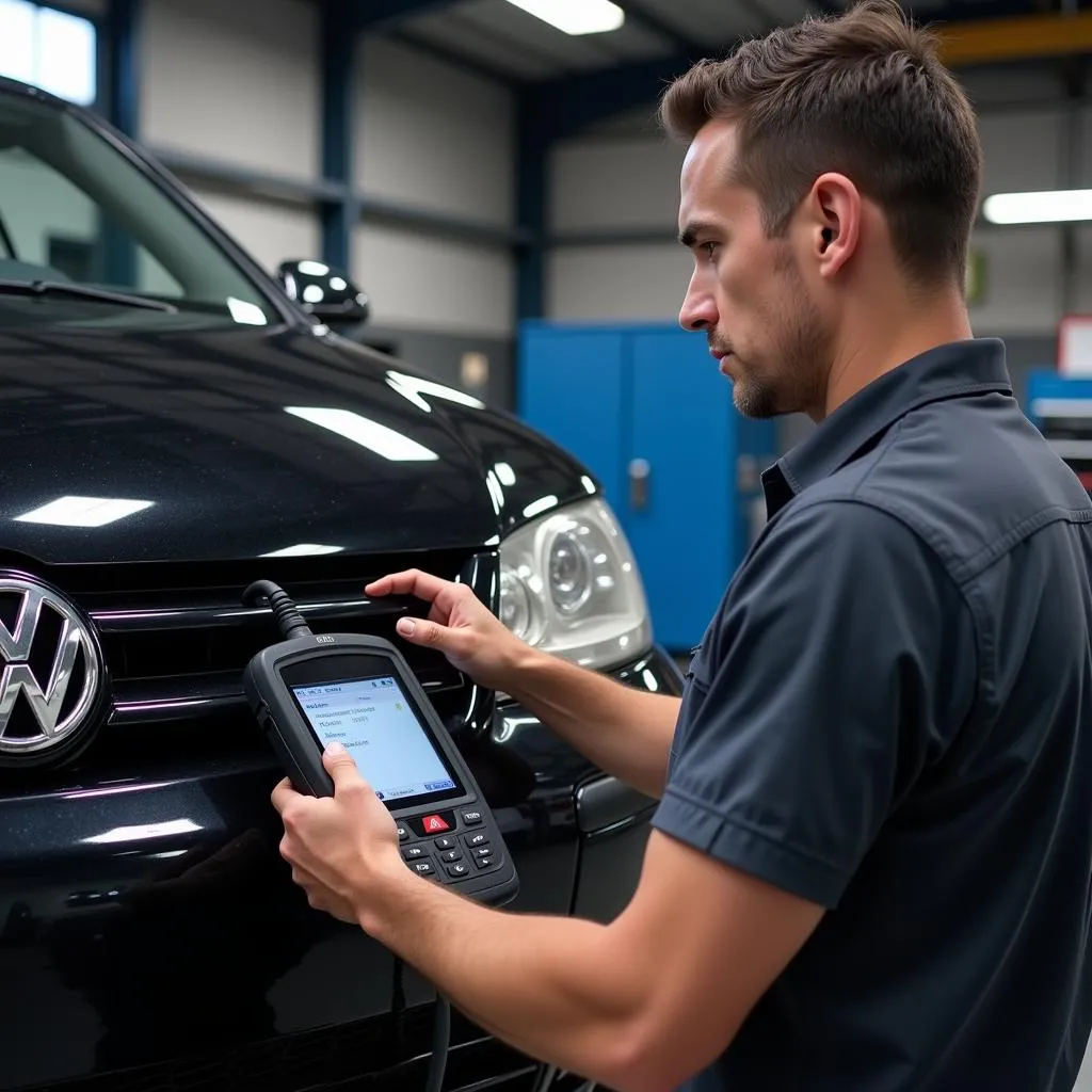 Mechanic using VW code scanner