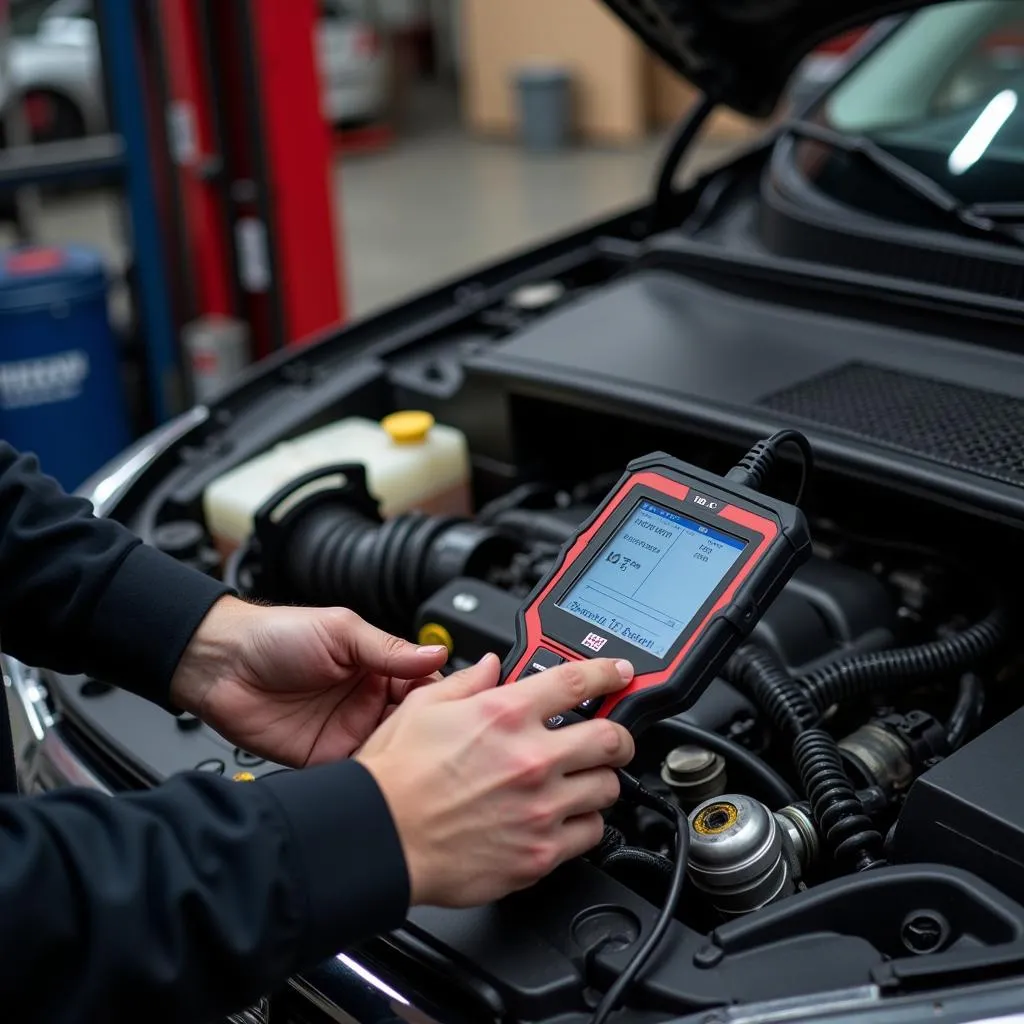 Mechanic utilizing the W2976 scan tool to diagnose a car engine.